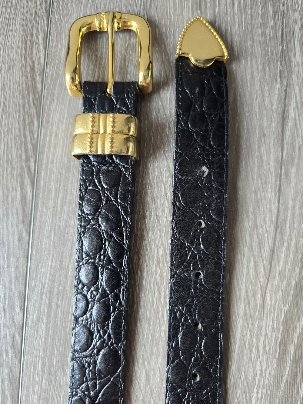 Vintage 90s Black Croc Embossed Leather Belt Chunky Gold Western Buckle USA M